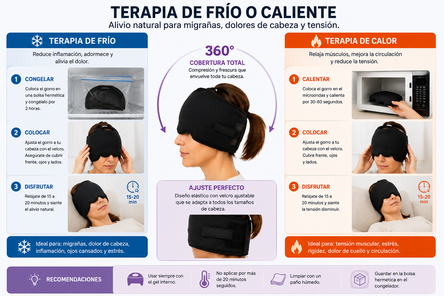 Gorro del gel para alivio de migraña
